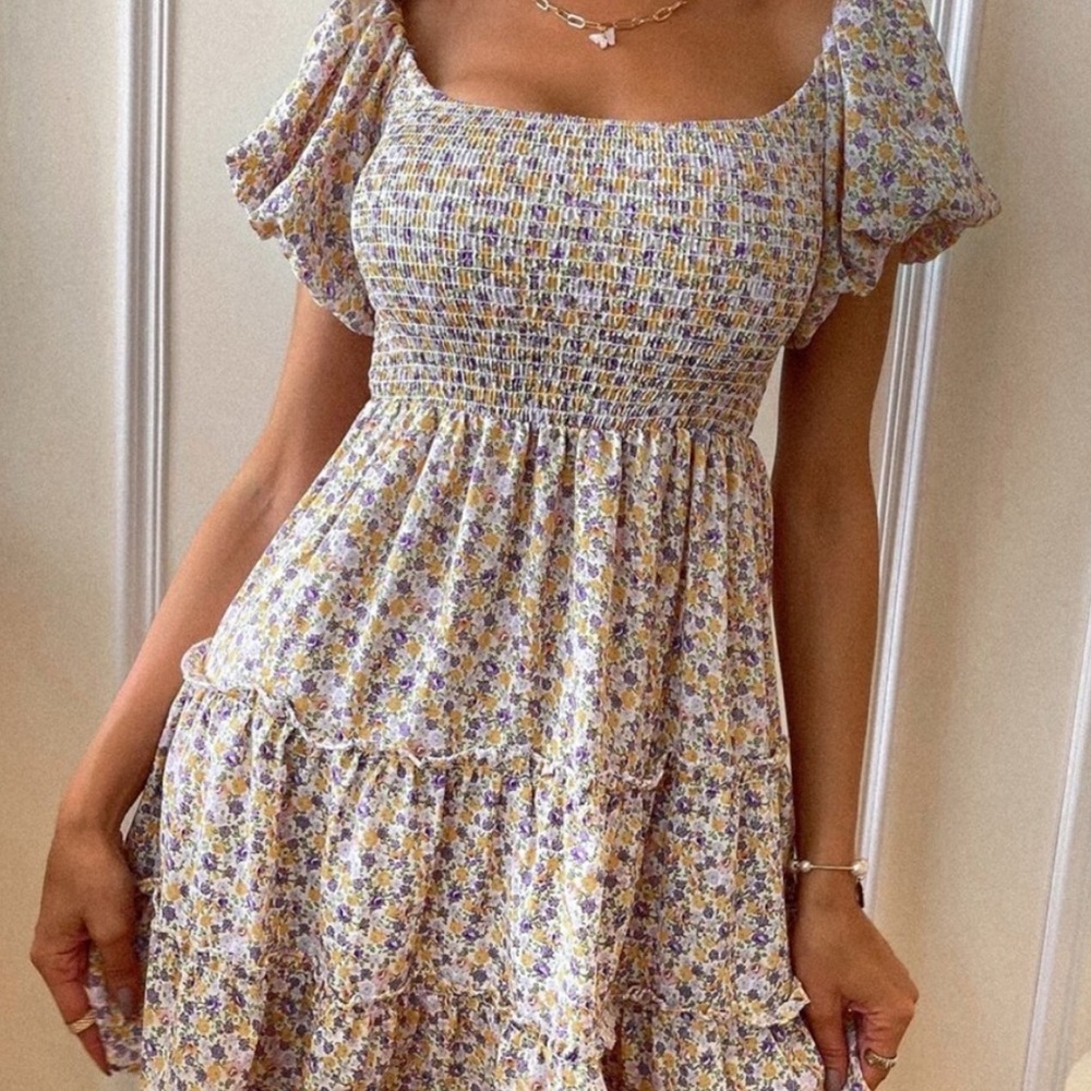 Boho Yellow Floral Off Shoulder Ruffle Mini - Picture 3 of 7
